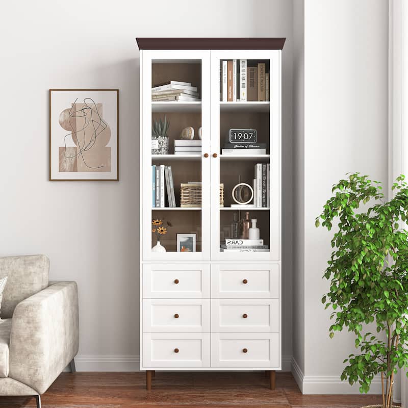 White MDF Display Storage Cabinet,Tall Kitchen Pantry Cabinets with Glass Doors and Adjustable Shelves,Freestanding