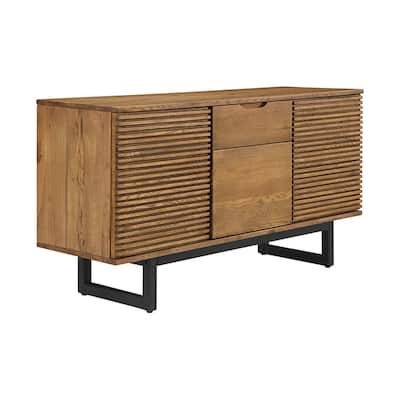 Ryan 57 Inch Sideboard Buffet Cabinet, Brown Oak Wood, 3 Doors, Black Metal