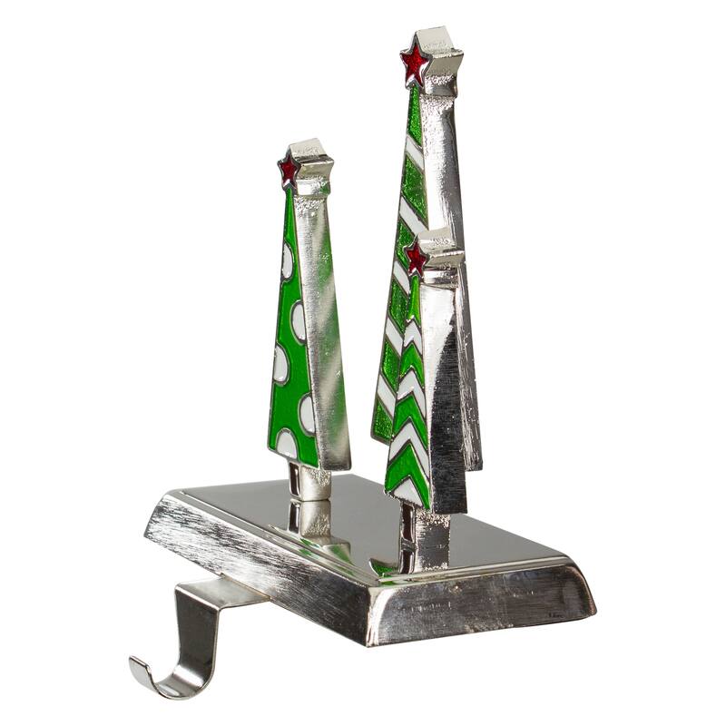 7" Silver Green and White Christmas Tree Trio Stocking Holder