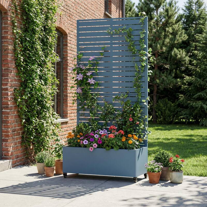 Raised Garden Bed Planter with Trellis Movable Planter Box with Lockable Wheels - 72*35 - Blue