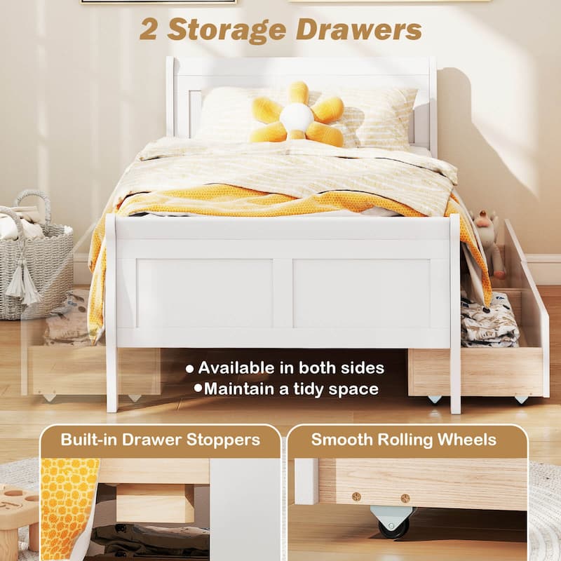 Costway Twin Size Bed Frame with 2 Storage Drawers Wood Platform Bed