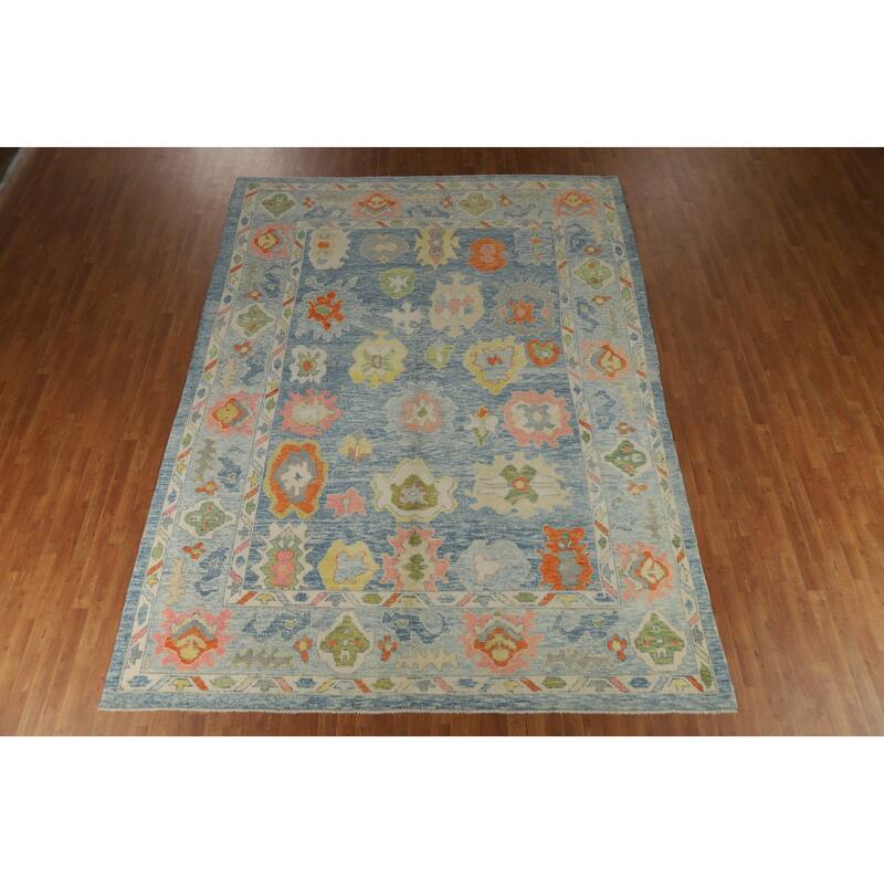 Hand Knotted Oriental 100% Wool Carpet Transitional All-Over Navy Blue & Blues Oushak Area Rug - 12' 9'' X 9' 4''