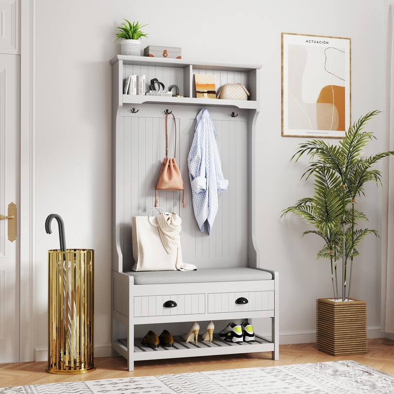 3-in-1 Hall Tree with Storage Drawers, 4 Hooks & Cushion