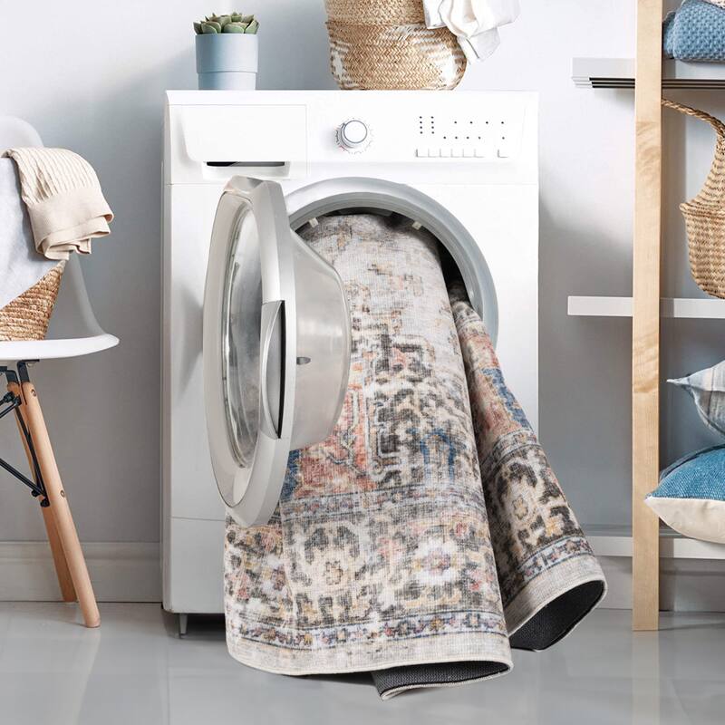 Machine Washable Collection Grey/Blue/Rust Medallion Area Rug