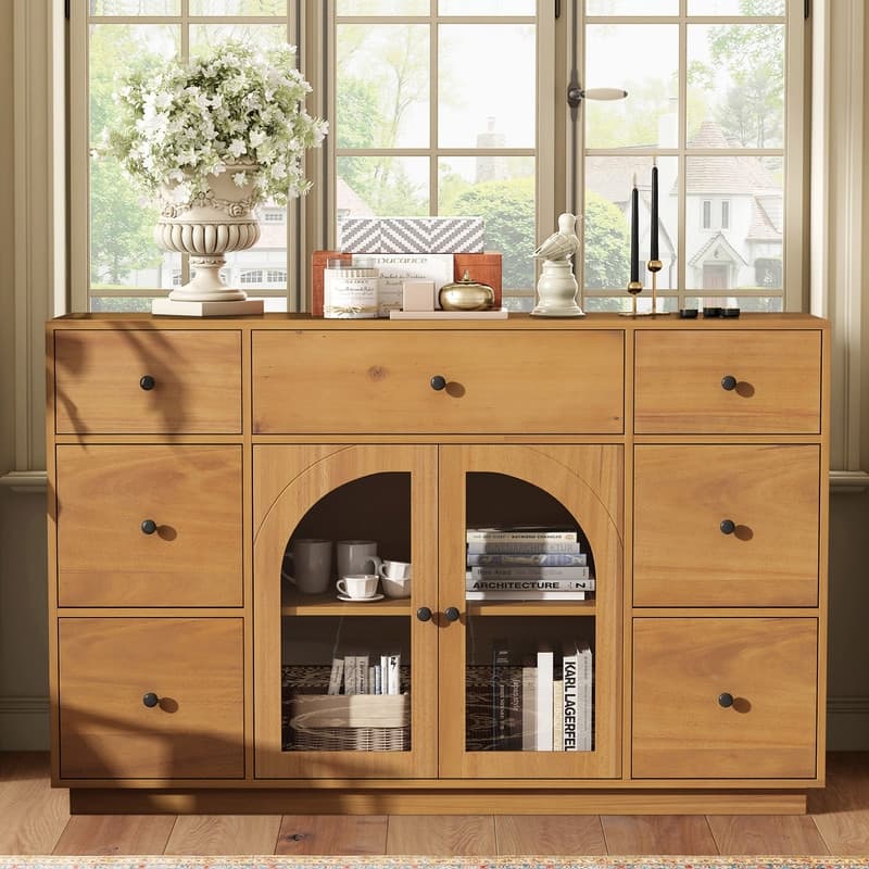 55.1" Large Storage Cabinet with 2 Doors and 7 Drawers for Living and Dining Room Organization - Natural