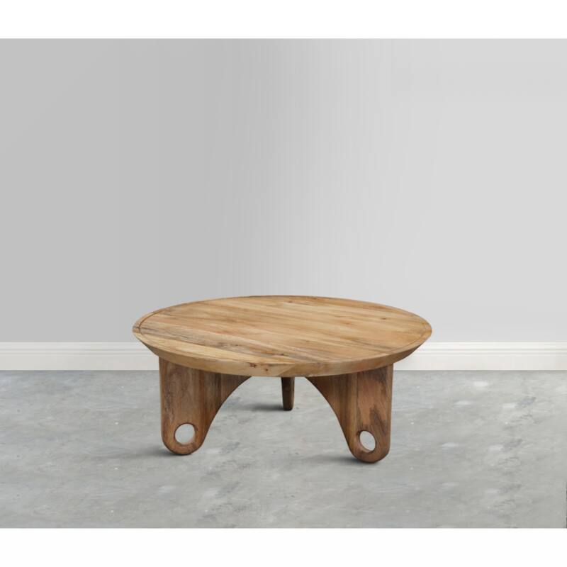 36 Inch Round Coffee Table, Handcrafted Grooved Edge Top, Natural Brown Mango Wood