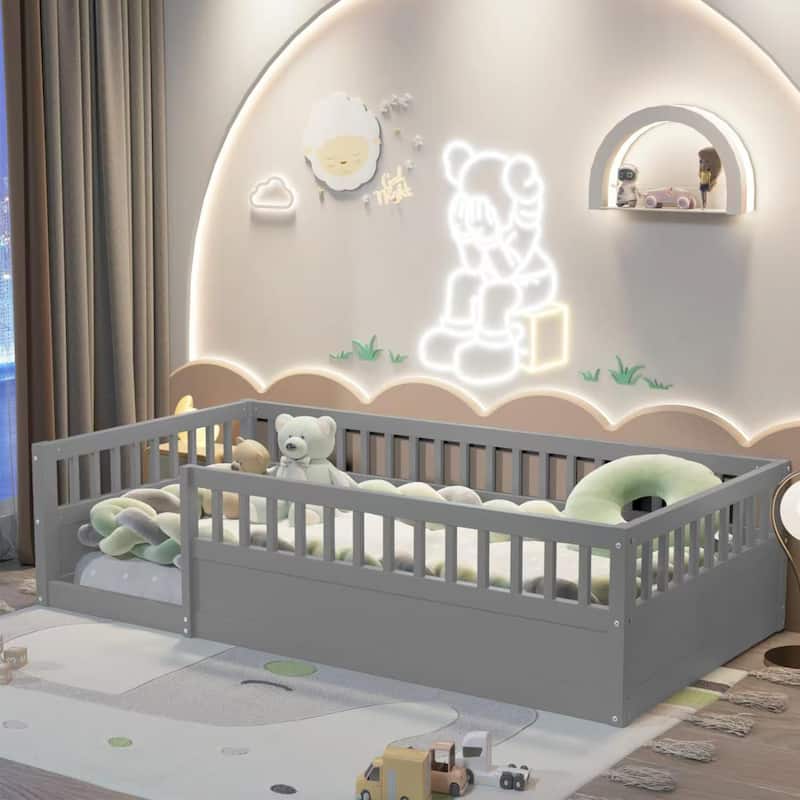 Kids Floor Bed Frame Toddler Montessori Low-Profile Floor Bed with Solid Wood Baffle Fence, No Slats No Door for Children's Room - Grey - Twin