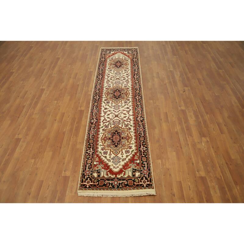 Hand Knotted Oriental 100% Wool Carpet Traditional Geometric Beige & Ivories Heriz (serapi) Runner Rug - 9' 11'' X 2' 5''
