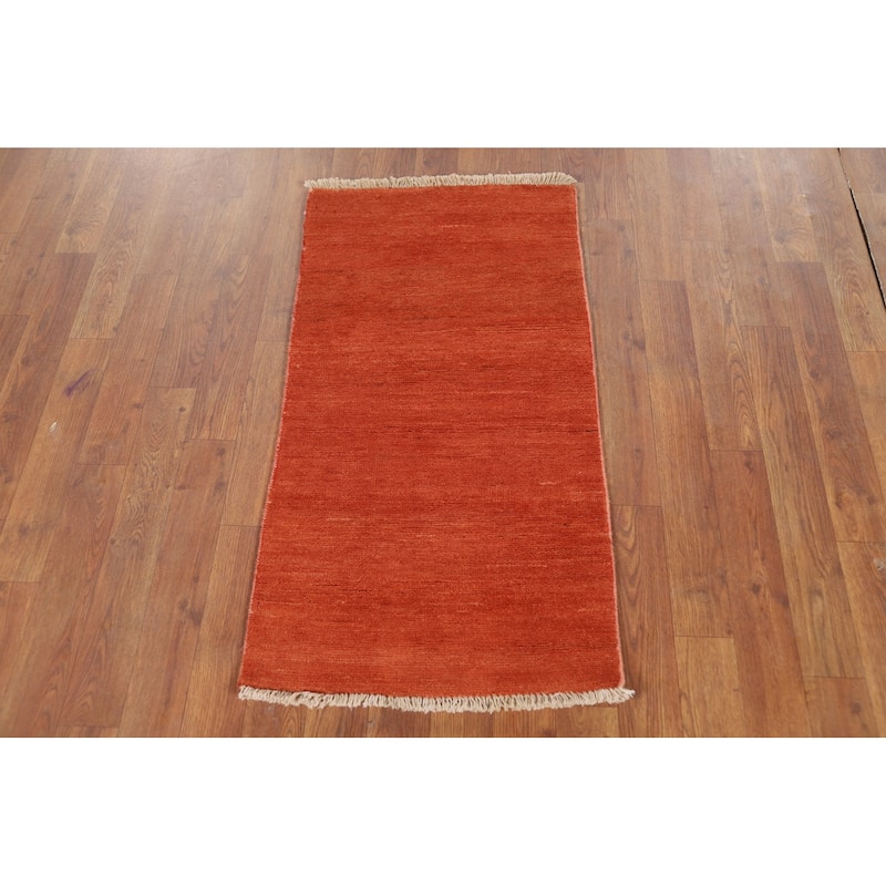 Solid Orange Gabbeh Oriental Foyer Rug Hand-Knotted Wool Carpet - 1'8"x 3'2"