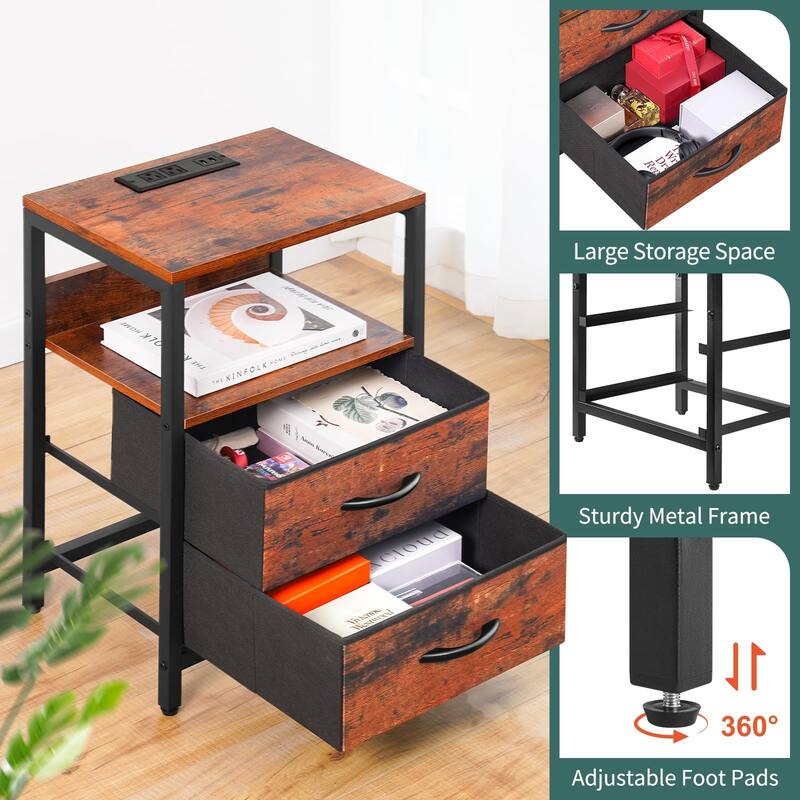 Nightstand with Charging Station, Small Night Stand with Fabric Drawers,Small Spaces Bedside Table with USB Ports & Outlets