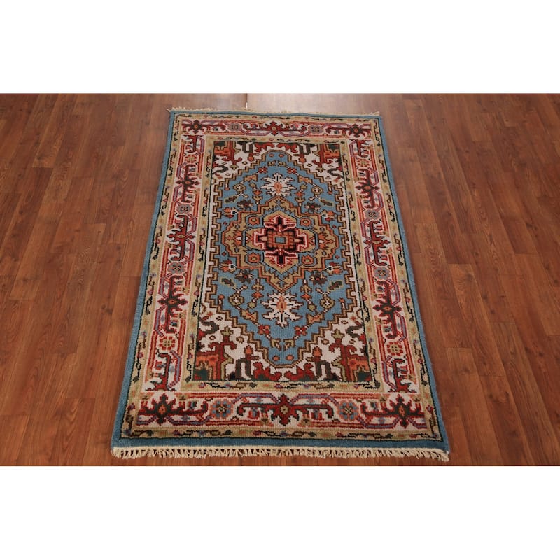 Light Blue Geometric Heriz Serapi Foyer Rug Handmade Wool Carpet - 3'0"x 5'0"