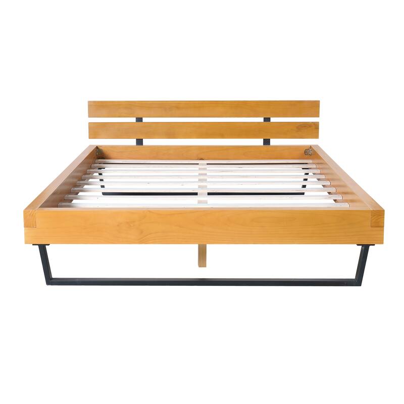 Queen Size Pine Wood Bed Frame in Natural & Black, Modern Industrial Design