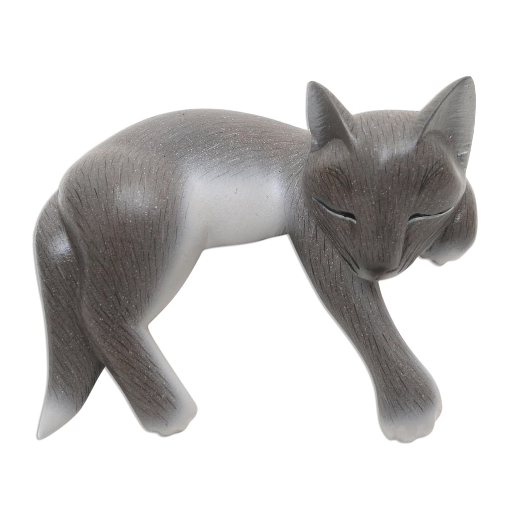 Wood statuette, 'Lounging Cat in Grey' - 4.7" H x 6" W x 3.1" D