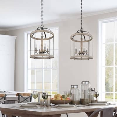 Modern Farmhouse 4-Light Wood Chandelier Cage Pendant Lights for Dining Room - D16" x H22.5"