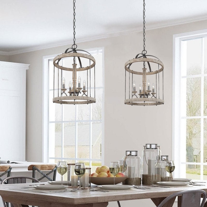 Modern Farmhouse 4-Light Wood Chandelier Cage Pendant Lights for Dining Room - D16" x H22.5"