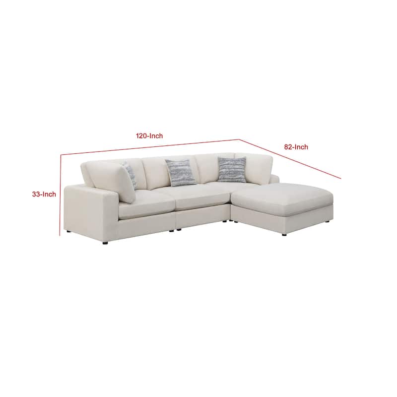 Serena 4pc Modular Sectional Sofa, Ottoman, 3 Pillows, Beige Jacquard