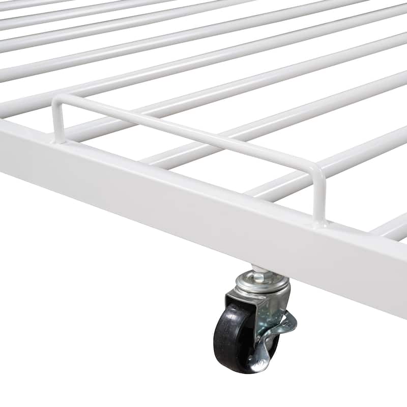Queen Metal Bed Frame with Trundle, Built-in USB Ports, Wooden Accents, and Slat Support, No Box Spring Needed