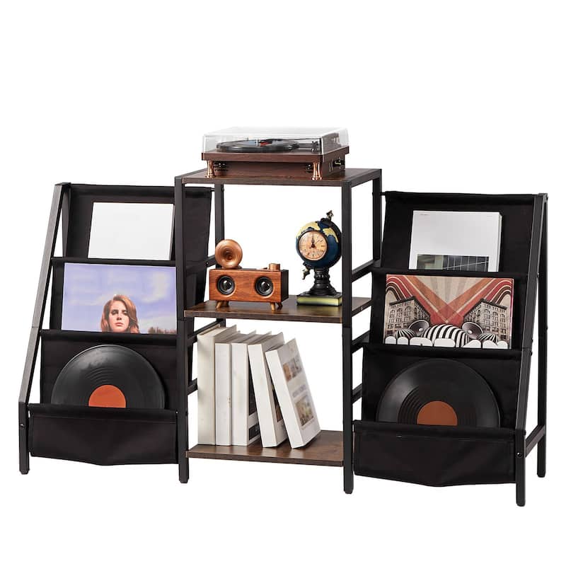 Black 3-Tier Metal Record Player Stand with Built in Power Strip and Oxford Fabric Bags - 49.21" x 11.81" x 29.13"