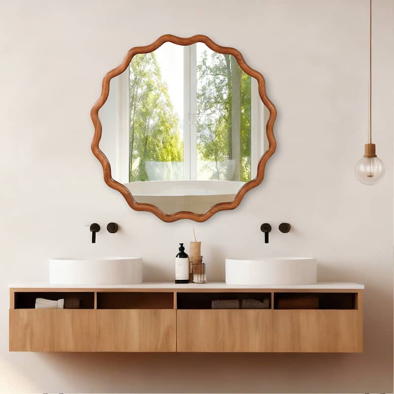 Wavy Round Solid Wood Frame Decorative Mirror - Antique Brown