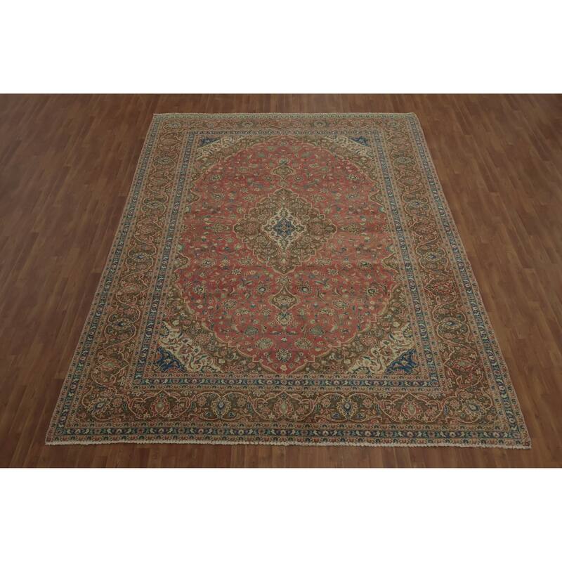 Hand Knotted Oriental 100% Wool Carpet Traditional Floral Pink Kashan Area Rug - 13' 1'' X 9' 9''