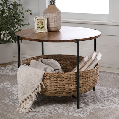 happimess 24.21" Round Acacia Coffee Table with Storage Basket