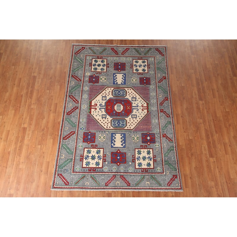 Geometric Kazak Area Rug Handmade Wool Carpet - 5'11" x 8'10"