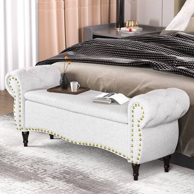 53" Tufted Storage Ottoman Bench with Rolled Arms and Nailhead Trim for Bedroom, Living Room, Entryway