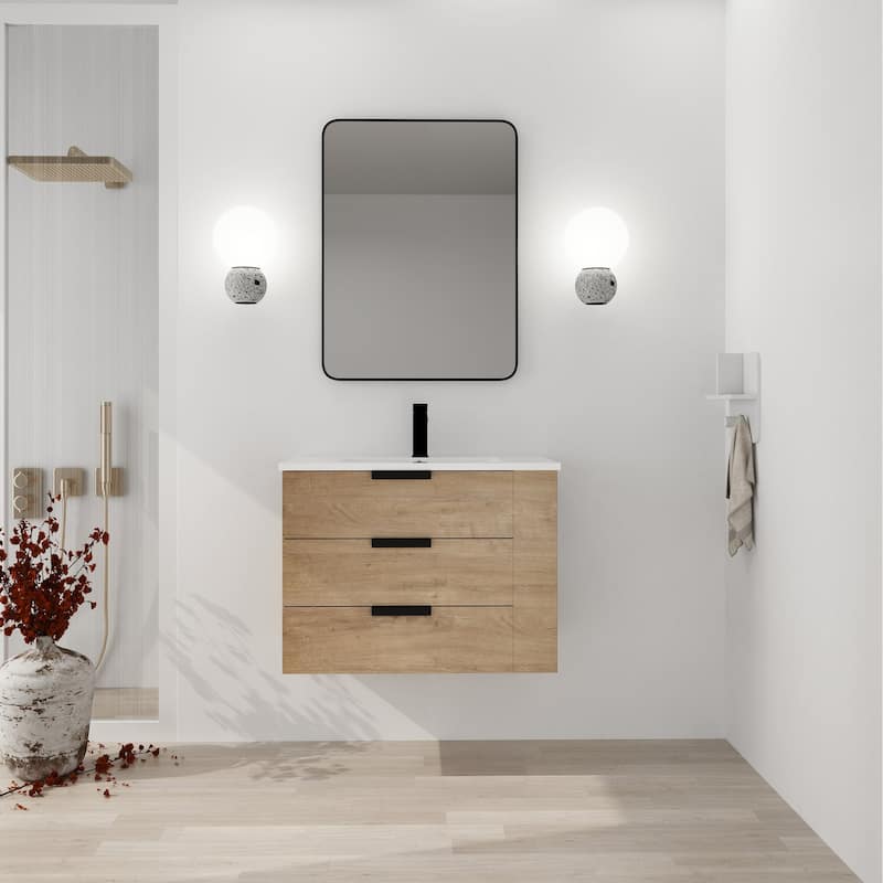30 Inch Wall Mounted Plywood Bathroom Vanity with Resin Basin and Drawers - 30 inch - Textured - Imitative Oak
