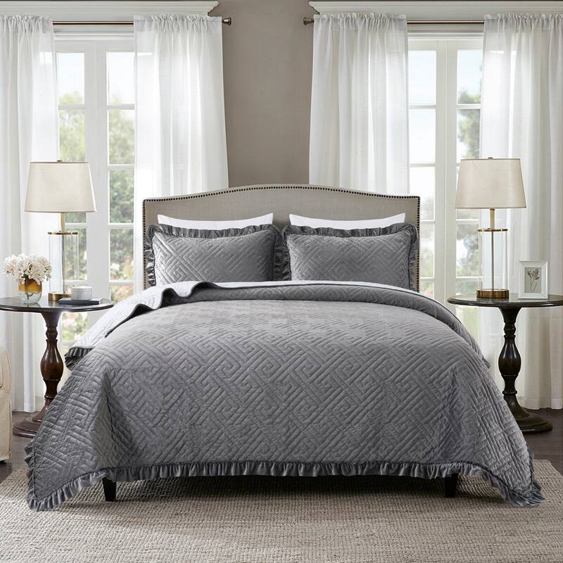 Lavish Plush Poly Velvet Quilt Set - Dark Grey - Twin