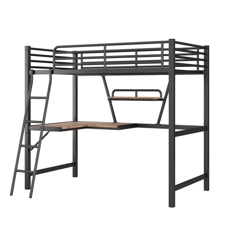 Twin Size Loft Bed with Desk and Shelf, Metal & MDF Frame, Black