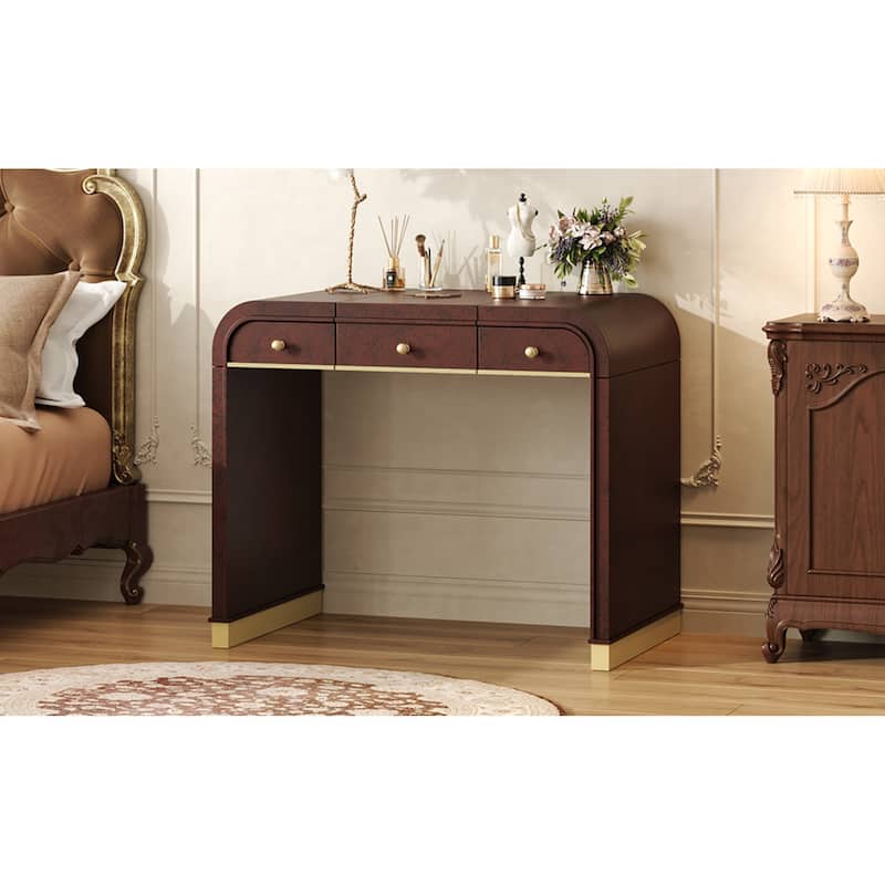 Roomfitters Flip Top Vanity Desk with Mirror and Hidden Storage, Modern Makeup Table with Gold Trim for Small Space