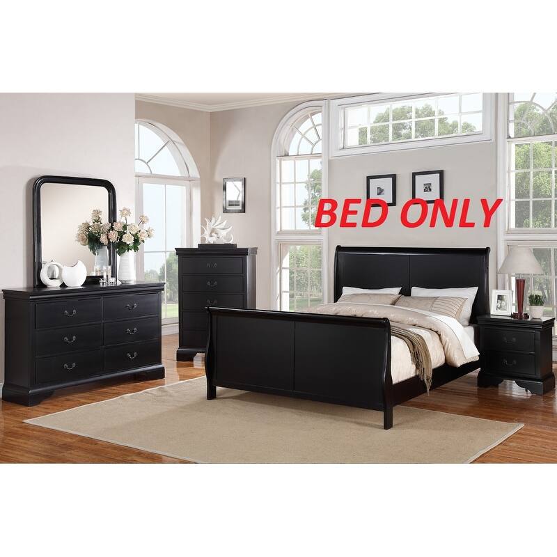 Modern Queen Size Bed with Sleigh Design Headboard and Footboard in Black Finish