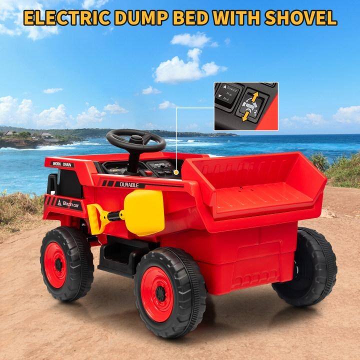 12V Ride-On Dump Truck with Remote Control, Automatic Lift Bed, Shovel & Music Player – for Kids Ages 3–8