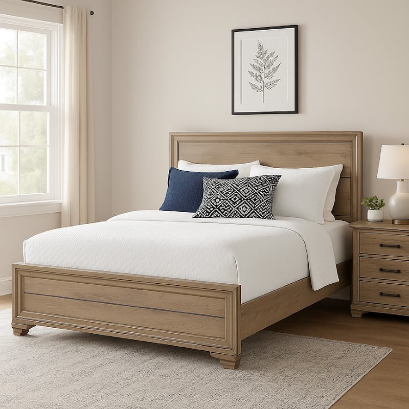Contemporary Queen Bed, Rustic Wood Panel Headboard, Natural Brown Finish