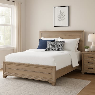 Contemporary Queen Bed, Rustic Wood Panel Headboard, Natural Brown Finish