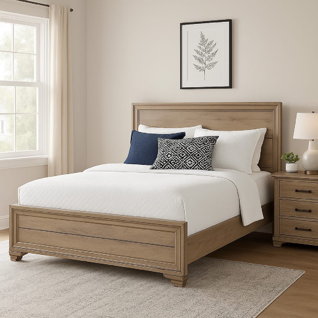 Contemporary Queen Bed, Rustic Wood Panel Headboard, Natural Brown Finish