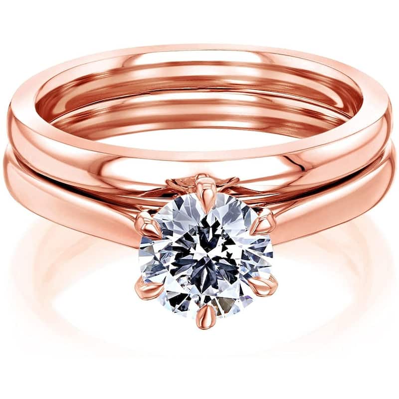 Kobelli 1 Carat Lab Grown Diamond Certified 14k Solid Gold Round Solitaire 6-Prong Tower Taper Tokyo 2pc Bridal Set (FG/SI) - 6.5 - Rose
