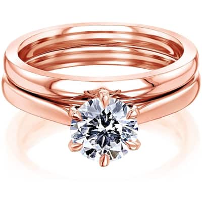 Kobelli 1 Carat Lab Grown Diamond Certified 14k Solid Gold Round Solitaire 6-Prong Tower Taper Tokyo 2pc Bridal Set (FG/SI)