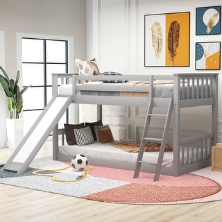 Twin over Twin Low Bunk Bed with Convertible Slide and Reversible Ladder, Grey - Space-Saving and Sturdy Wood Frame