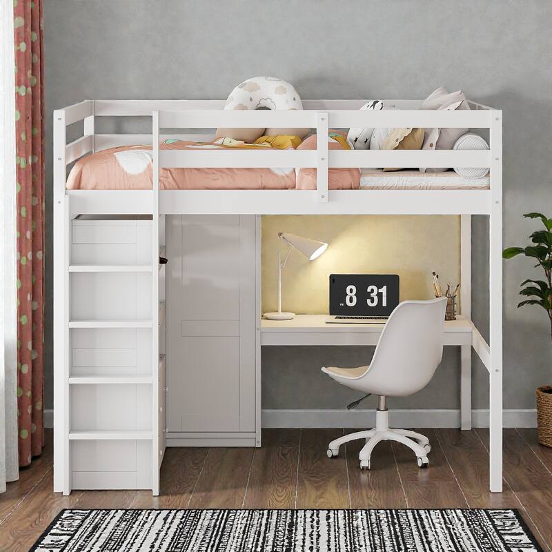 Full Size Wood Loft Bed with Wardrobe, Desk, Storage Shelves and Drawers, Space Saving Design, No Box Spring Needed