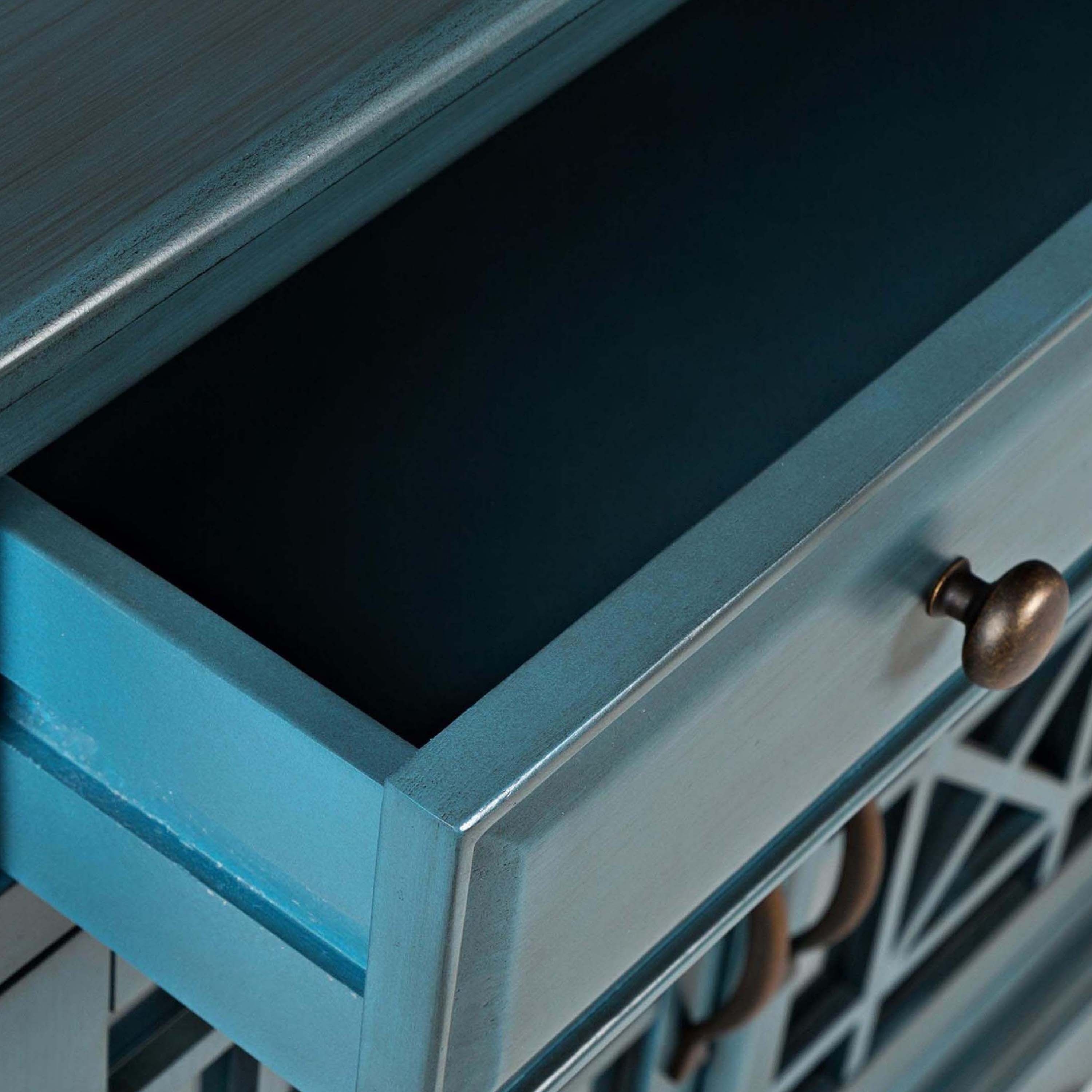 Craftsman Series 32 Inch Wooden Accent Cabinet with Fretwork Glass Front, Blue