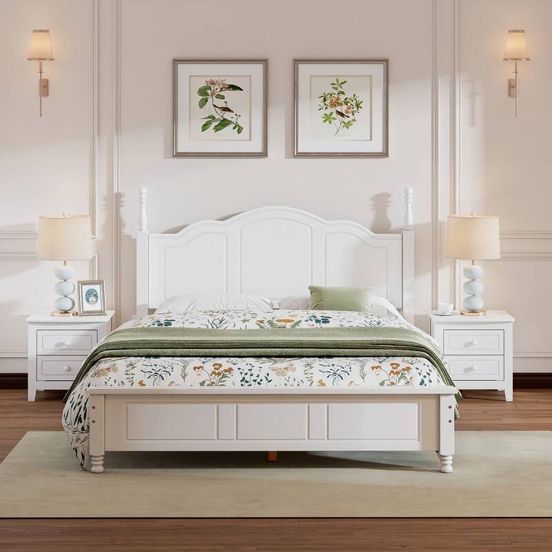 3PCS Retro Design Queen/Full Size Wood Platform Bed Set with 2 Nightstands - White - Queen