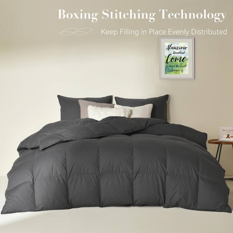 Goose Down Comforter King Size All Season, 100 Soft CottonPoly 750+ Fill Power Grey Beding