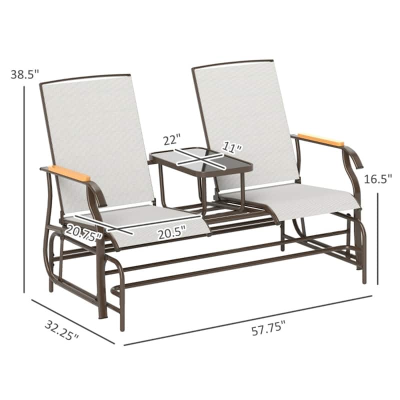 Steel Mesh Loveseat Rocking Glider Chair with Table - 57.75" W x 32.25" D x 38.5" H