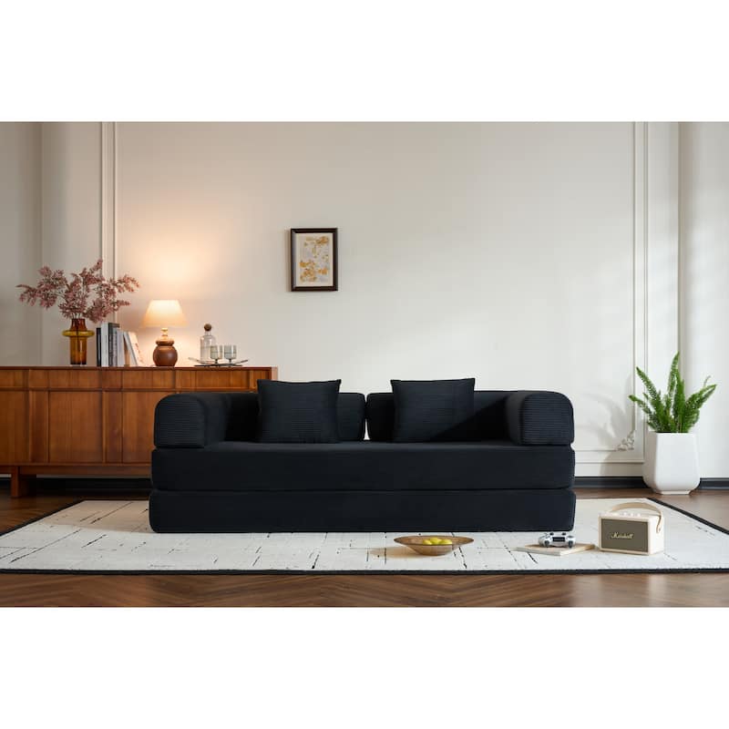 Convertible Sleeper Sofa Bed with Pillow, Corduroy Folding Mattress Couch with Fixed-Shape Frame, Floor Lounge Loveseat Sofa