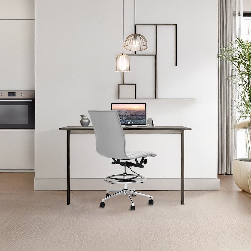 Modern Drafting Chair Upholstered PU Leather Ribbed Armless Mid Back with Tall Adjustable Base & Leg Rest