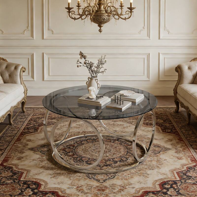 31.5" Modern Round Glass Top Coffee Table with Circular Metal Frame