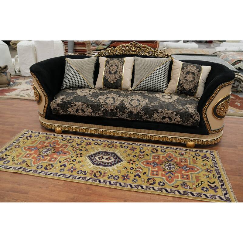 Hand-knotted Traditional Wool Yellow Geometric Area Rug Oriental Carpet - 8' 0'' X 2' 7''
