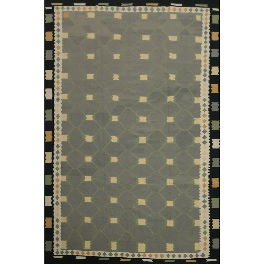 Hand Woven Oriental 100% Wool Carpet Southwestern Modern Greys & Charcoal Kilim Area Rug - 13' 0'' X 9' 10''