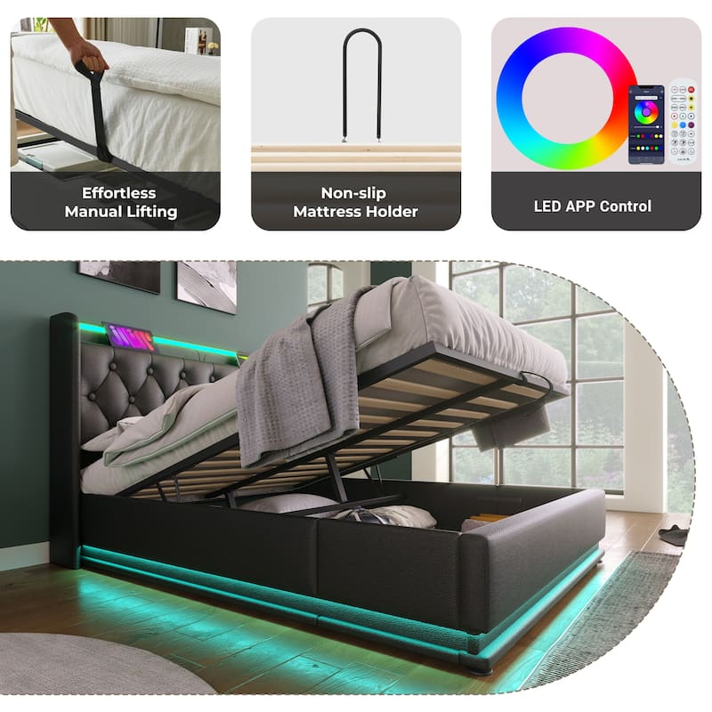 Full Size Upholstered Bed with LED Function and USB Charging